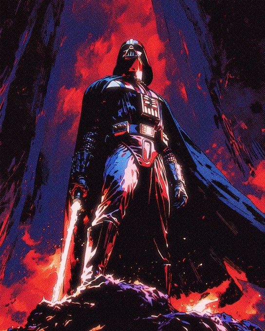 A stylized, comic-book-style illustration of Darth Vader standing with a glowing red lightsaber against a dramatic red and black background.