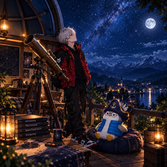 An anime-style illustration shows a silver-haired character in a red jacket standing at a telescope on a balcony at night, gazing at a starry sky with a moon, accompanied by a penguin character in a sailor hat and blue vest sitting on a beanbag, with stacked books labeled 'Astronomy, The Universe, Space Exploration, Stargazing'.
