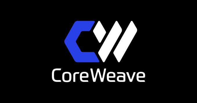 The image features a logo for CoreWeave, which is an AI platform that connects training, inference, observability, and autonomous improvement. The logo consists of two blue triangles with white text inside them, forming the word "CRWV". Below this logo, there's some text that reads " launched unified agentic AI tools" and " Serverless RL service", indicating the purpose and features of CoreWeave.