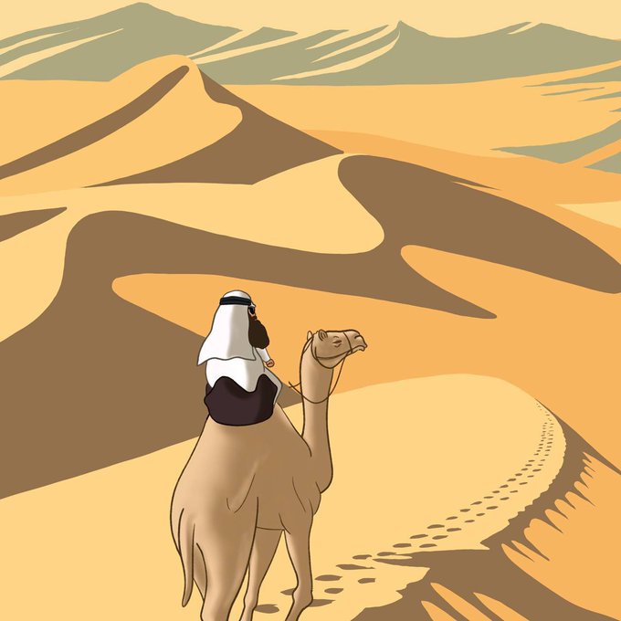 A rider in traditional Arab headdress stands atop a camel at the edge of vast, rolling desert dunes, gazing forward as a trail of footprints stretches into the sandy horizon.
