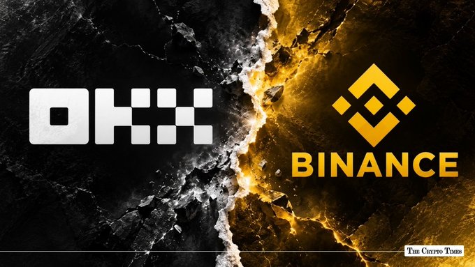The image depicts a dramatic cracked and fiery background split between the OKX and Binance logos, symbolizing the heated clash between the two exchanges. Visible text includes "OKX" and "BINANCE," with a bottom credit reading "The Crypto Times," visually reinforcing the $800M dispute between Star Xu and CZ over the October 10, 2025 market crash.