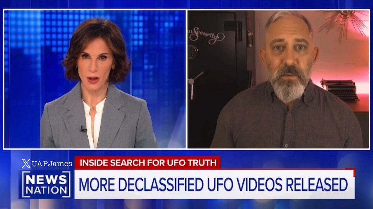 The image shows a news article divided into two panels, with a woman and a man appearing at opposite ends of each panel, suggesting they are having a conversation or discussing something important. Both panels have some text, including "Inside search for ufo truth" and "More declossified UFO videos released". These texts refer to the ongoing investigation related to unidentified flying objects (UFOs). The overall image presents an informative discussion about the topic of UFOs, with a focus on the discovery of more classified UFO videos.