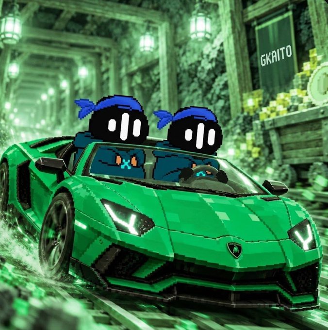 A pixel-art style illustration featuring two black characters with blue bandanas driving a green sports car through a room filled with stacks of money, with the text 'GKAITO' visible on a banner.