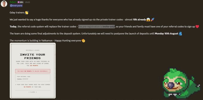 Screenshot of a Discord post by user Adam (@everyone) about G'day trainers, discussing a referral code system replacing trainer codes, alongside a pixelated Pepe the Frog mascot.