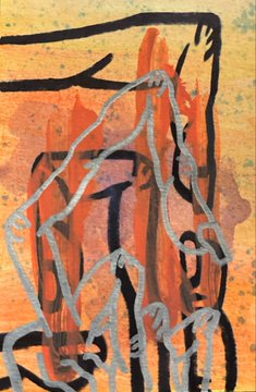 An abstract mixed-media artwork featuring black line drawings of figures and architectural forms with bold orange paint strokes on a textured yellow background.