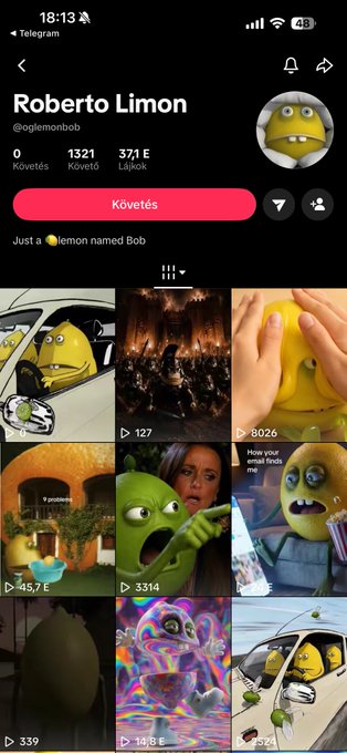 A Telegram profile page for 'Roberto Limon' (@oglemonbob) featuring a Shrek face as the avatar and a grid of video thumbnails centered around the 'lemon' meme.