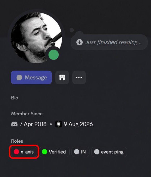 A Discord user profile shows a black-and-white profile picture of a man smoking, with the status 'Just finished reading...' and a red circle highlighting the 'x-axis' role in the Roles section alongside 'Verified', 'IN', and 'event ping'.