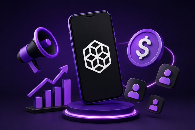 A 3D-rendered graphic showing a smartphone displaying a cube logo, surrounded by floating purple icons representing a megaphone, growth chart, dollar sign, and user profiles.
