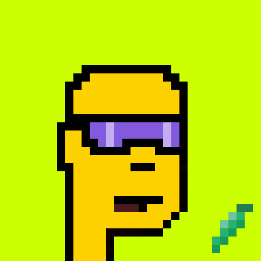 A pixel art character with a yellow head, purple visor-like glasses, and an open mouth is shown against a bright green background, with a small cyan sword-like object to the right.