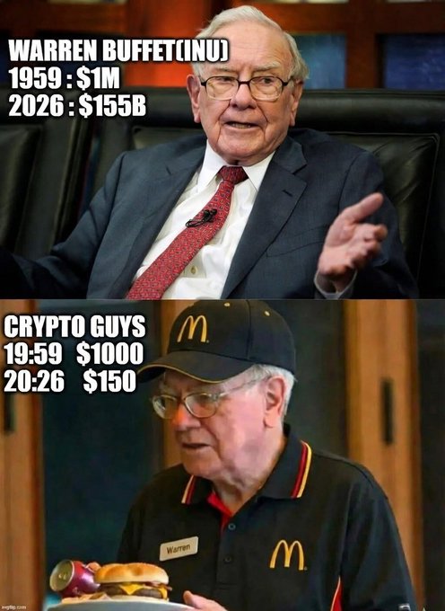 Meme comparing Warren Buffett's fortunes: '1959: $1M, 2026: $155B' versus 'CRYPTO GUYS 1959: $1000, 2026: $150', shown with Buffett in a suit and in a McDonald's uniform.