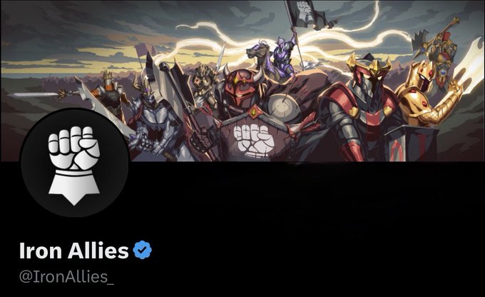 The image is a Twitter/X profile banner for "Iron Allies" (@IronAllies_), featuring an illustrated lineup of armored warriors and fantasy characters wielding swords, shields, and banners under a stormy sky, paired with a white fist emblem on a black circular logo. The imagery of a strong, battle-ready alliance visually reinforces the post's message about building a focused, value-driven community rather than a large noisy one, with the warriors symbolizing dedicated contributors rather than passive participants.