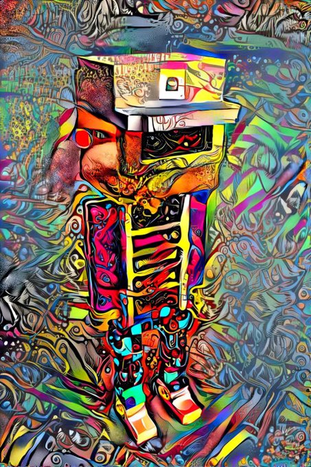 A vibrant, surreal digital illustration with chaotic, colorful abstract patterns swirling around a central stylized figure or mask.