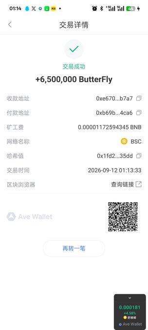 A mobile wallet transaction confirmation screen showing a successful transfer of +6,500,000 ButterLy tokens on the BSC network with a QR code.