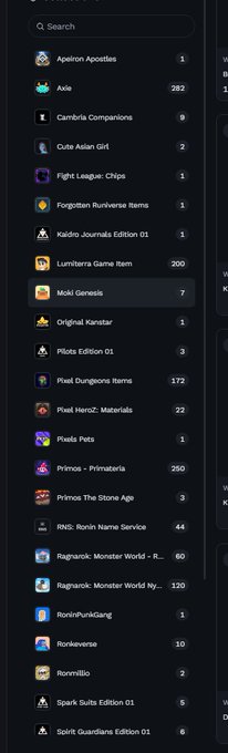 A dark-themed NFT inventory list displaying various game collections including 'Axie,' 'Cambria Companions,' 'Mobi Genesis,' and 'Pixel Dungeons Items' with their respective quantities.