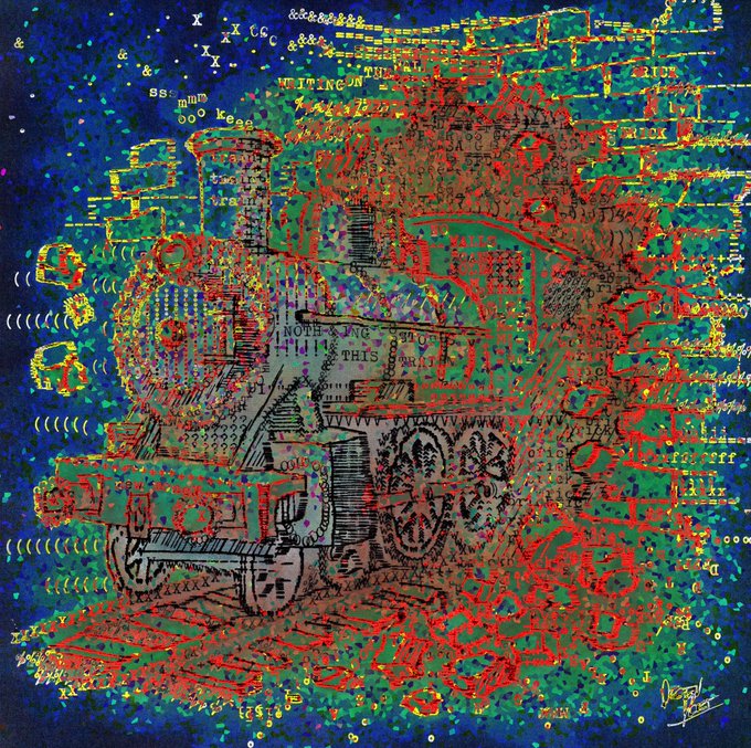 A colorful, chaotic piece of abstract digital art featuring red, green, and blue textures overlaid with letters, numbers, and words like 'THIS'.