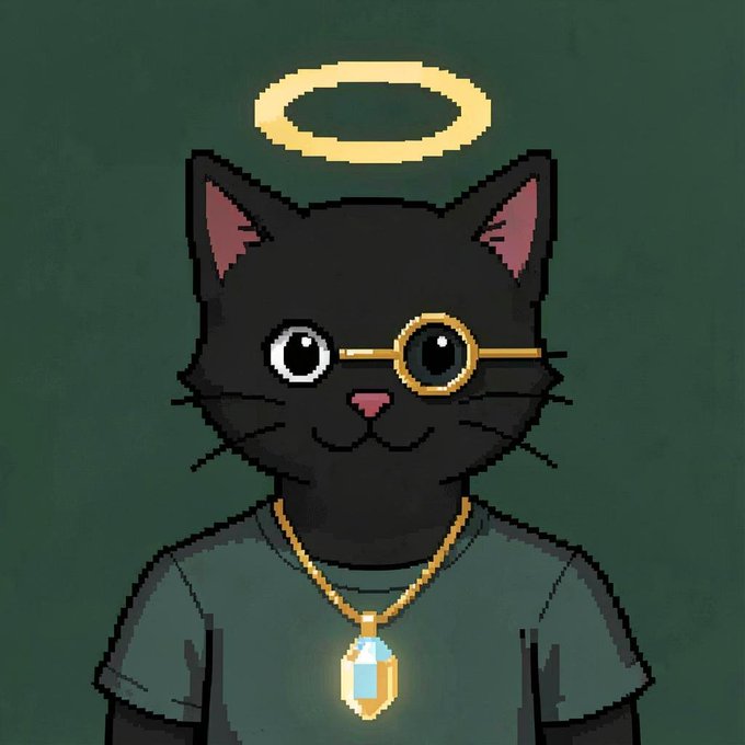 Pixel art of a black cat with a yellow halo, wearing a monocle and a gold necklace with a glowing gem pendant against a dark green background.