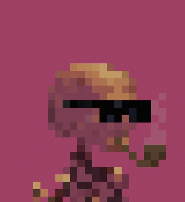 A pixelated, stylized portrait of a character with orange/peach tones on a solid magenta background.