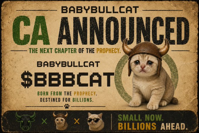 A meme-style poster announcing 'BABYBULLCAT CA ANNOUNCED' with ticker $BBBCAT, featuring a kitten wearing a horned viking helmet and the tagline 'SMALL NOW. BILLIONS AHEAD.'