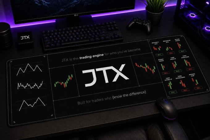 A gaming/trading setup features a large JTX desk mat with trading charts and the tagline 'JTX is the trading engine for who you've become - Built for traders who know the difference', accompanied by a keyboard, controller, mouse, and RGB lighting.
