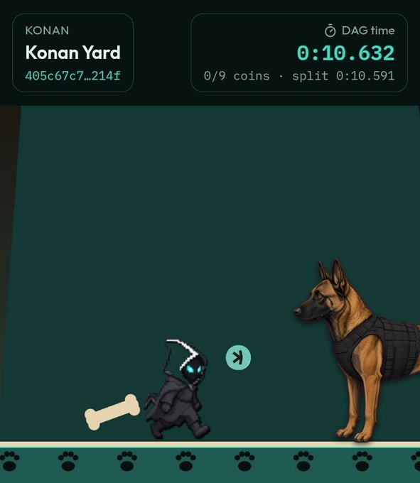 A screenshot of a video game showing a character named "Konan Yard" (405c67c7...214f) running with a bone while a German Shepherd watches, with a DAG time of 0:10.632 and 0/9 coins collected.