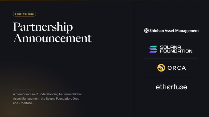 A black partnership announcement banner from Four-Way MOU featuring logos for Shinhan Asset Management, Solana Foundation, Orca, and Etherfuse, with text describing a memorandum of understanding between these entities.