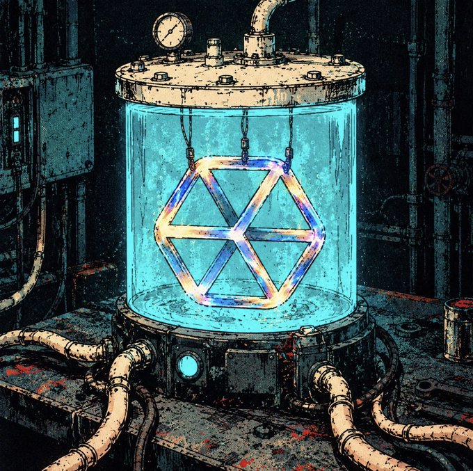 A digital artwork shows a glowing cyan cylindrical industrial chamber containing a hexagonal geometric symbol, surrounded by pipes and machinery.