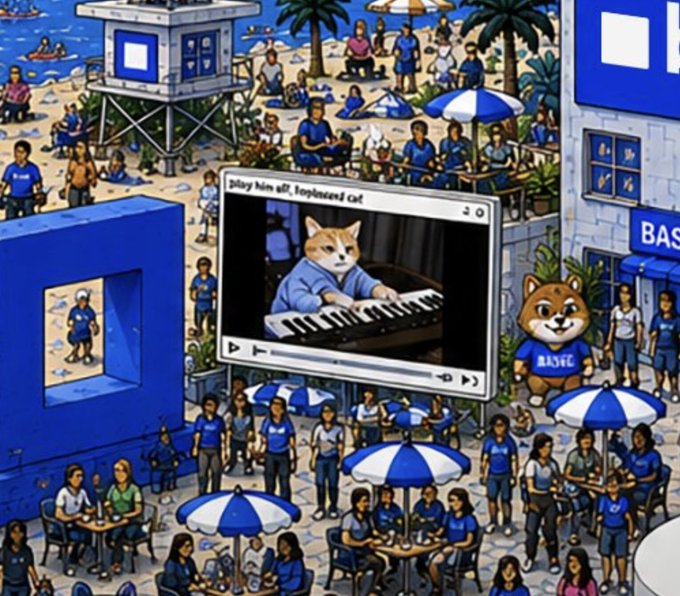 A crowded beach scene shows people enjoying the sand and umbrellas while a large screen displays an animated orange cat playing piano, accompanied by a cartoon hamster mascot wearing a "BASE" shirt. The lively blue-themed setting with its music-playing feline ties into the "$KEYCAT coded" post by personifying a crypto token mascot as a talented cat pianist entertaining its community.