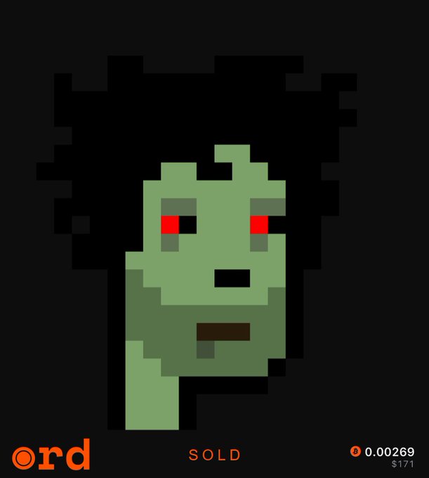 A pixel-art green zombie-like character with red eyes on a black background, marked as 'SOLD' for 0.00269 ($171) on 'ord'.