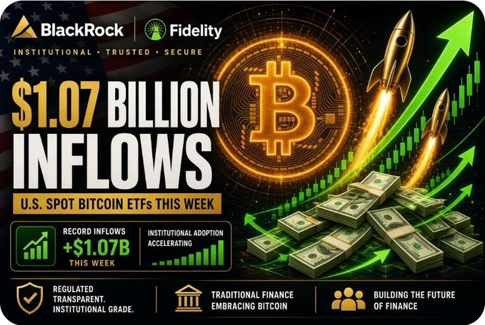 A Bitcoin-themed financial graphic displays “$1.07 BILLION INFLOWS,” “U.S. SPOT BITCOIN ETFS THIS WEEK,” and mentions BlackRock and Fidelity.