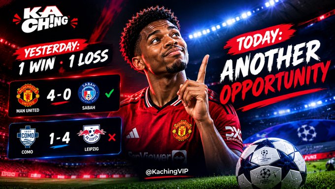 A promotional graphic from 'Kaching VIP' (@KachingVIP) showing a Manchester United football player pointing upward, advertising football betting predictions with 'YESTERDAY: 1 WIN, 1 LOSS' (Man United 4-0 Sabah, Como 1-4 Leipzig) and 'TODAY: ANOTHER OPPORTUNITY.'