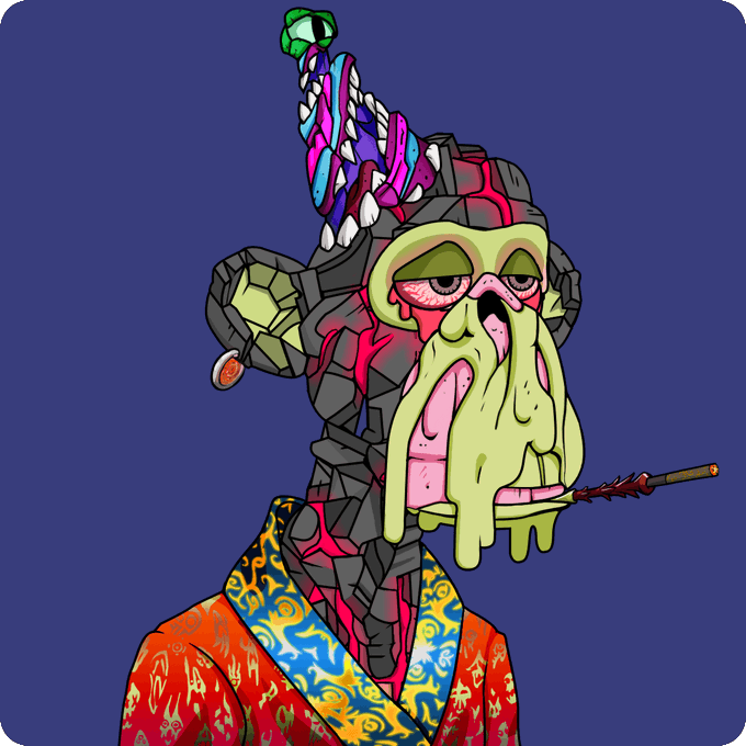 The image shows Mutant #10526, a cracked‑face ape in a colorful robe and psychedelic party hat. It was bought for 1.218 ETH (transaction 0x30ce1e1e2) as noted in the post.