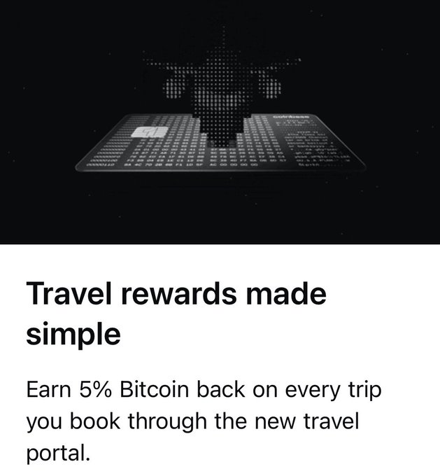 A dark promotional graphic showing a pixelated Bitcoin symbol on a credit card with the text 'Travel rewards made simple' and 'Earn 5% Bitcoin back on every trip you book through the new travel portal.'