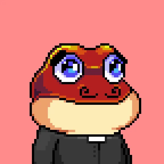 A pixel art frog character with large blue eyes, wearing a priest's collar against a pink background, accompanying a nostalgic post about missing the Ordinals community on Bitcoin.