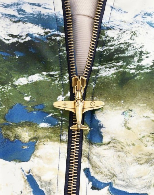 Surreal digital artwork showing a golden military fighter jet unzipping the Earth like a zipper, revealing the planet's surface beneath a fabric sky.