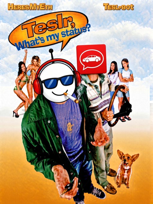 The image is a colorful, meme-style collage titled "HERESMYETH" and "TESLRBOT," featuring a central cartoon-like figure with a smiling white face, sunglasses, headphones, and a cigarette, surrounded by bikini-clad women, a person holding a steering wheel icon, and a dog, with a speech bubble reading "Tesla, What's my status?"—capturing the playful, irreverent "mfer" NFT community spirit referenced in the post, which humorously highlights them as the first to directly message their Teslas on X.