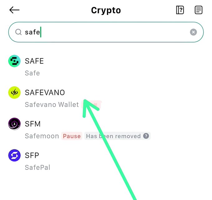 The image shows a crypto search screen on Ourbit Exchange with "safe" typed into the search bar, displaying results including SAFE, SAFEVANO (Safevano Wallet), SFM (Safemoon), and SFP (SafePal), with a green arrow pointing directly at the SAFEVANO listing. This visually confirms the post's announcement that $SAFEVANO is officially appearing on Ourbit Exchange ahead of its scheduled listing on August 10 at 14:00 UTC.