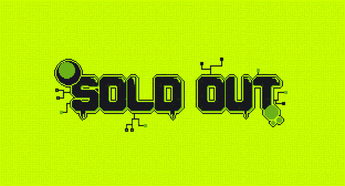 A vibrant neon green graphic displays "SOLD OUT" in pixelated, tech-inspired block lettering with circuit-like details, visually confirming the accompanying announcement that the Neon Nodes mint has sold out completely as intended.