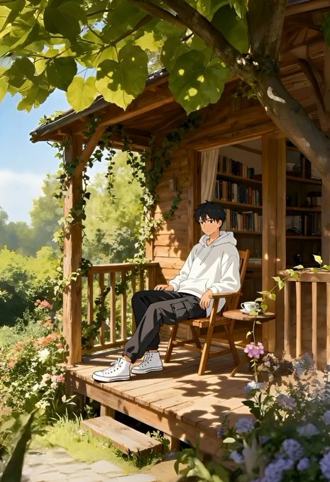 An anime-style illustration of a young man in a white hoodie and black pants sitting on a wooden porch of a cabin, surrounded by greenery and flowers, holding a cup of coffee.