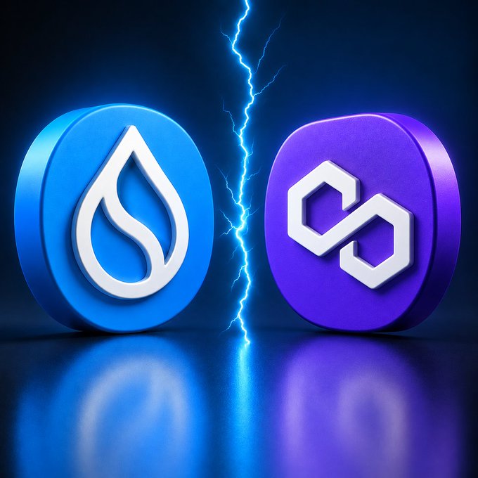 Two glossy 3D crypto-style logos, one blue and one purple, face each other across a jagged blue lightning bolt.