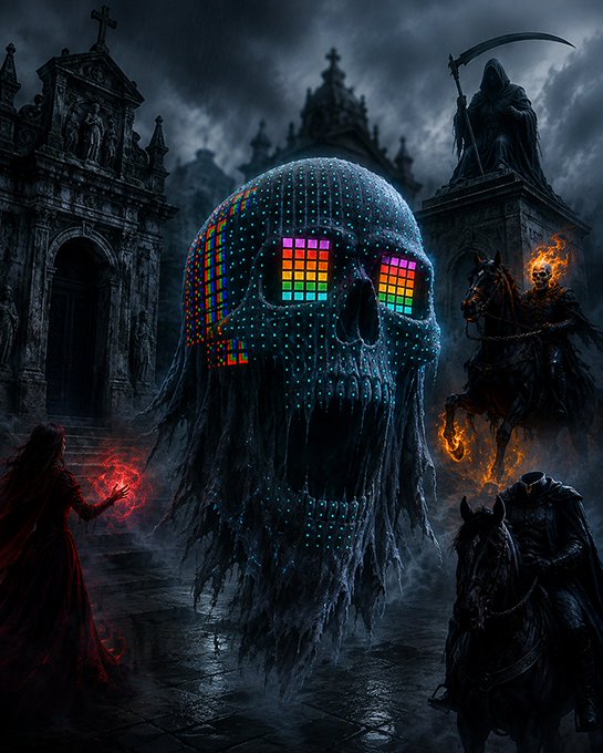 A dark gothic fantasy scene featuring a giant skull with rainbow pixelated details floating in front of a graveyard, with hooded grim reapers on horseback and a woman in red casting magic.