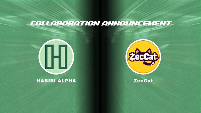 A 'COLLABORATION ANNOUNCEMENT' graphic featuring the logos of 'HABIBI ALPHA' and 'ZecCat' against a textured green background.