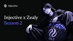 A promotional graphic for 'Injective x Zealy Season 2' featuring the Injective logo and an illustration of a hooded character.