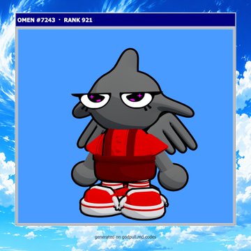 A digital avatar of a grey, dolphin-like creature wearing a red shirt, red sneakers, and dark sunglasses, displayed in a blue window labeled 'OMEN #7243 • RANK 921' against a sky background.