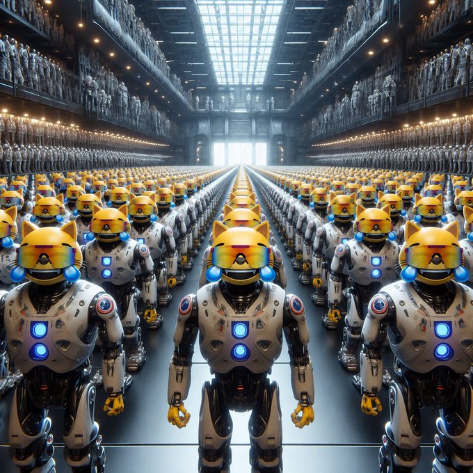 An AI-generated image depicting a massive army of cat-eared robots lined up in a futuristic factory setting.