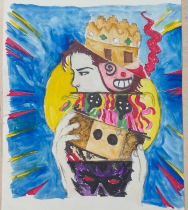 A colorful, hand-drawn artwork features a stack of stylized faces and figures, including one with a crown, set against a radiating blue and red background with a yellow circle.