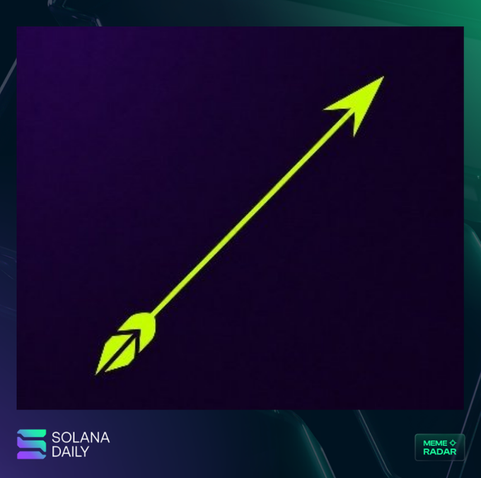 A simple digital illustration of a yellow arrow on a dark purple background, branded with 'Solana Daily' and 'Meme Radar' logos.