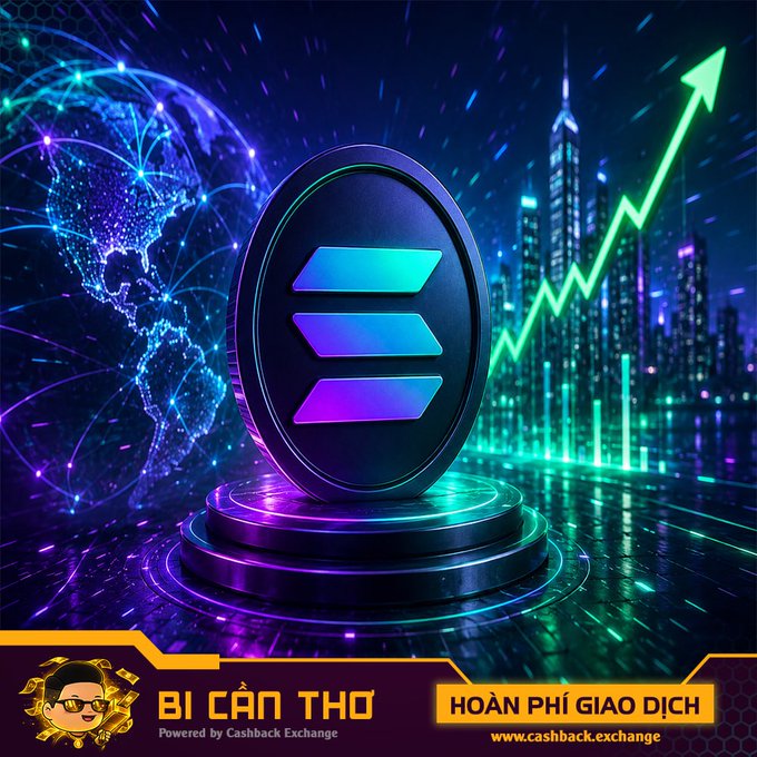 A vibrant crypto promotional graphic featuring a Solana logo on a glowing pedestal with rising green chart arrows, city skyline background, and Vietnamese text 'BÍ CẬN THƠ' and 'HOÀN PHÍ GIAO DỊCH' from Cashback Exchange.