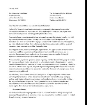 A letter dated July 15, 2020, addressed to 'The Honorable John Thune' and 'The Honorable Charles Schumer,' addresses concerns regarding community financial institutions and the digital asset market.