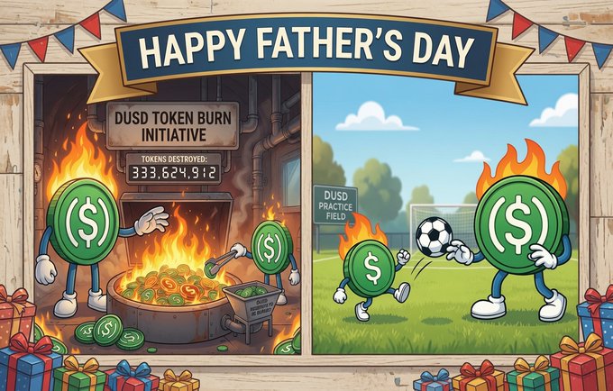 The image features two cartoon characters, one green and one red, each holding a coin with a dollar sign on them. The green character has a fire burning above its head, while the red character has a soccer ball next to it. The text in the image reads "Happy Father's Day to all the Dads here in CT! $DUSD wishes you all a great day!" and includes a link to a website called "dudesandsday".