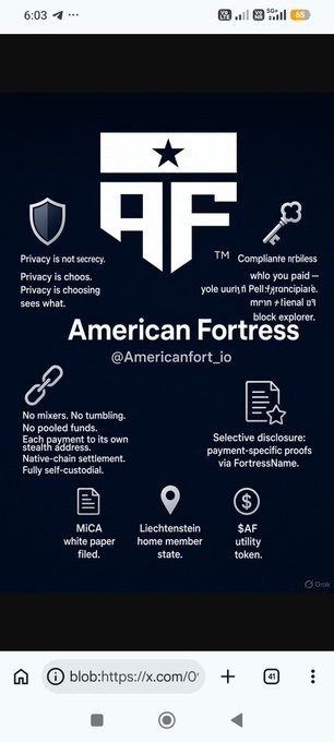 A mobile screenshot of the 'American Fortress' (@Americanfort_io) website homepage, displaying a shield logo and text about privacy, KYC-free transactions, and features including MICA white paper, Liechtenstein home member state, and $AF utility token.